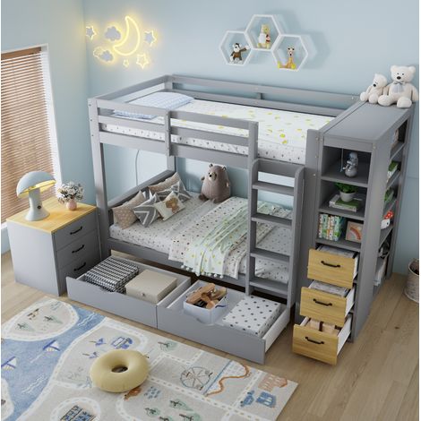 Etagenbett 90x200 cm in Hellgrau mit Stauraum, Schubladen und integrierter Leiter (1/5)