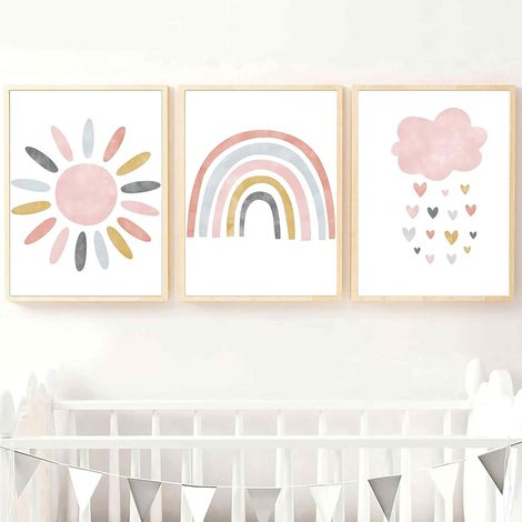 JSSEVN - Juego de 3 pósteres, Póster sin marco de nube arcoíris y sol, Ideal para decorar habitaciones de niños y niñas - 30 x 20 cm (1/5)