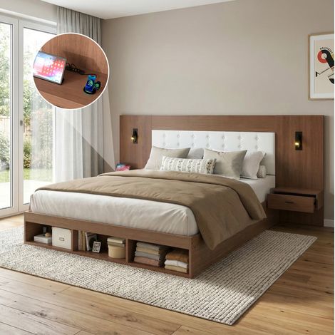 Cama doble moderna de MDF color nogal 180x200 cm con cabecero, 2 mesillas, USB/Type-C, luces orientables y almacenaje (1/5)