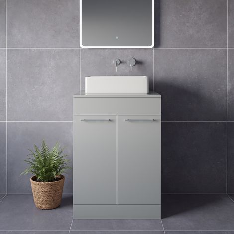 Napoli 460 Gloss Grey Pearl 600mm 2 Door Vanity Unit for Countertop Basins - 600mm - Chrome 160mm Handle