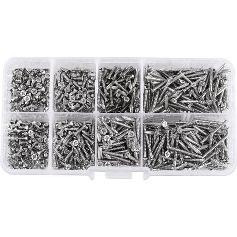 800pcs Vis M2, Acier au carbone nickelé, Tête plate, Filetage tranchant, Bois métal plastique, Boîte de rangement (1/5)