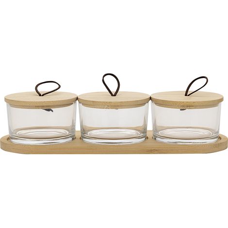 Runde Glas-Dipschalen auf Bambusständer, MIKA-Set, 3 Stück, Z/P
