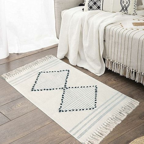 Tapis de cuisine Boho lavable pompons tissés en rembourrage rectangulaire doux pour couloir buanderie 60 x 90 cm 90 cm 60 x Coton Noir Blanc (1/4)