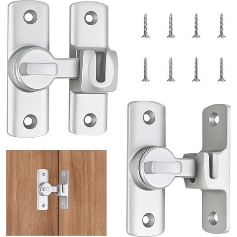 Lot de 2 verrous de porte coulissante avec vis fixe, 90/180 degrés, pour salle de bain, toilettes, portes, chambre à coucher, intérieur et extérieur