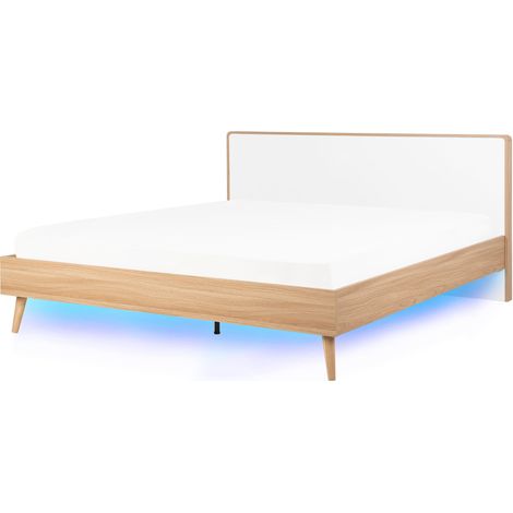 Cama de madera blanca 180 x 200 cm con somier y luces LED cabecero estilo minimalista escandinavo Serris