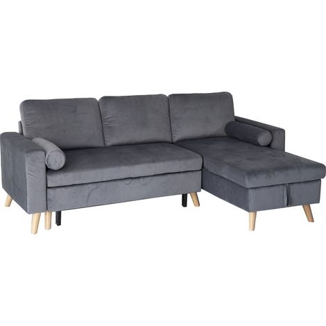 Happy Garden – Canapé d'angle convertible 3 places en velours gris – Méridienne réversible – Couchage 195 × 118cm – Rangement intégré (1/5)