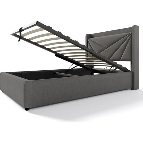 Letto Contenitore Letto Singolo con USB e USB-C 90×200 cm, Testiera Geometrica, Senza Materasso, Grigio (1/5)