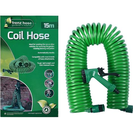 Tuyau d'arrosage télescopique (50 pieds/15 mètres) – Tuyau spiralé flexible en matériau EVA, équipé de 5 jets différents. (1/3)