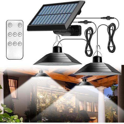 Lampes solaires pour extérieur et intérieur, lampe solaire avec télécommande, lampes suspendues LED solaires IP65, lampes solaires pour l'extérieur avec câble de 3 m, double tête, suspension solaire (1/5)
