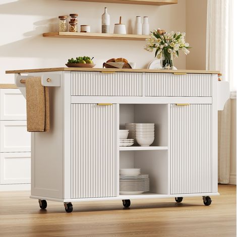 Isola da cucina su ruote 143 x 45 x 89,5 cm, piano ribaltabile, bianco OKMYHOME (1/5)