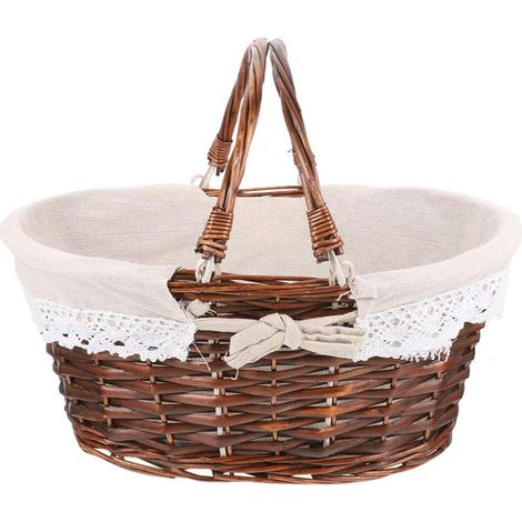 1 Grand panier osier brun, anses pliables, tissu beige, marché, pique-nique, cadeau (1/5)