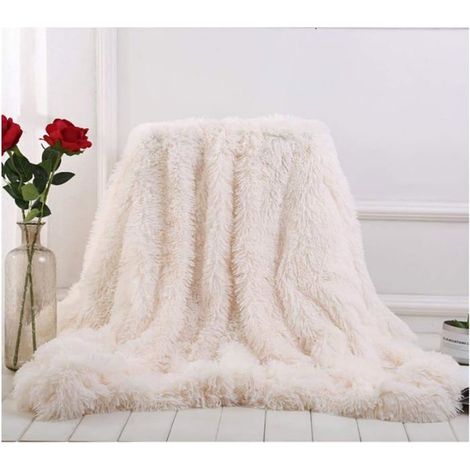 Plaid en Fausse Fourrure à Poils Longs, 130X160cm, Super Doux, Confortable et élégant, pour canapé, Fauteuil et lit,Beige (1/5)