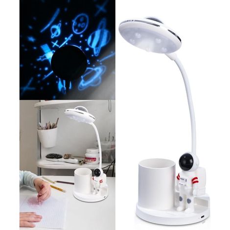 Kinderschreibtischlampe, dimmbare kabellose Tischlampe, flexible Schwanenhals-Leselampe mit Projektion und Stifthalter, dimmbare wiederaufladbare LED-Leselampe