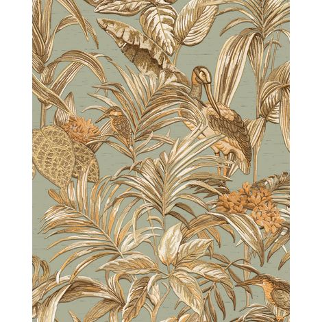 Vogel Tapete Profhome DE120017-DI heißgeprägte Vliestapete geprägt mit Vogel-Muster glänzend blau gold kupfer 5,33 m2