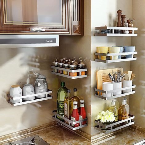 Étagère à épices avec crochets, pour fixation murale ou sur placard, étagère murale de cuisine en acier inoxydable, étagère à épices pour porte de placard, étagère à épices sans perçage, étagère à épi (1/4)