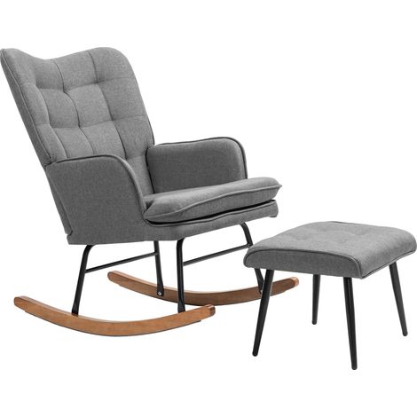Fauteuil à bascule avec repose-pieds en lin, charge max 130 kg, structure bois et métal, pour détente (1/5)