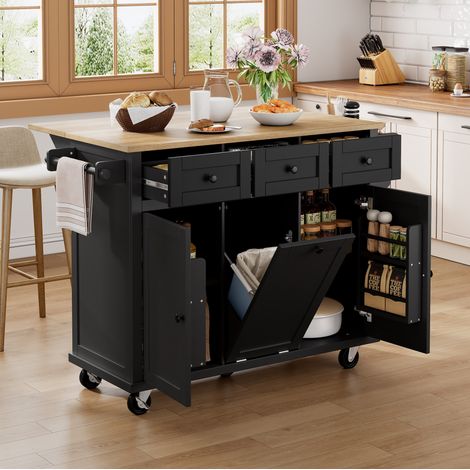 MODFU – Isola cucina mobile 112x46,2-76,2 cm in MDF e pannelli con piano ribaltabile, cassetti, vano rifiuti, portata 50 kg e 2 colli – Nero e naturale (1/5)