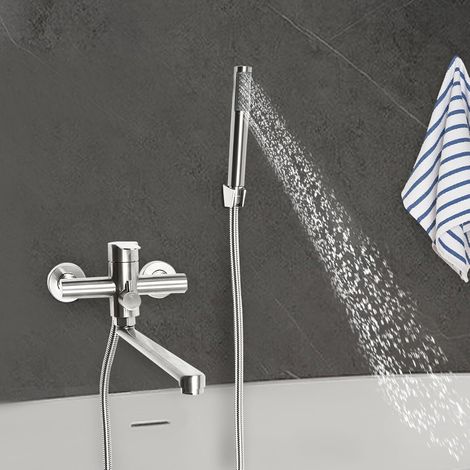 Badewannenarmatur mit Handbrause Wannenarmatur Aufputz Einhebelmischer zur Wandmontage Edelstahl gebürstet Wannenbatterie mit Umsteller Einhebel Armatur Mischbatterie mit 1.5m Duschschlauch (1/5)