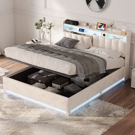 Lit double 140x190cm avec LED et USB, Lit coffre 140x190 cm, velours beige, Espace de rangement à la tête du lit (1/5)