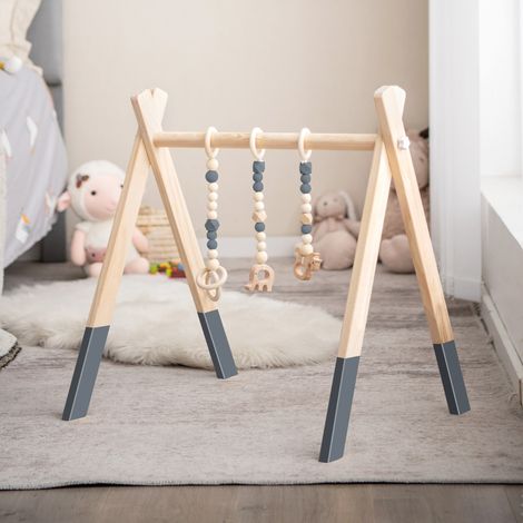 Portique D’eveil pour Bébé de +3 Mois avec Jouets Centre D'activité Pliable Forme Triangulaire en Bois 60x44x60cm Gris (1/2)