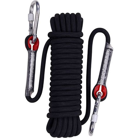 Corde d'escalade 12mm 10m noire avec doubles mousquetons en acier, corde d'évacuation d'urgence pour randonnée et camping (1/5)