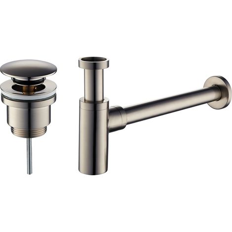Set piletta e sifone per lavabo in colore acciaio spazzolato modello tondo Damast KITSCA4 Nichel spazzolato