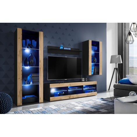 Komodee Ensemble de Meubles Tivoli Medio, Noir/Wotan, Largeur 245cm x Hauteur 159cm x Profondeur 35cm, LED Blu, 3 étagères, pour Salon, Chambre, Entrée