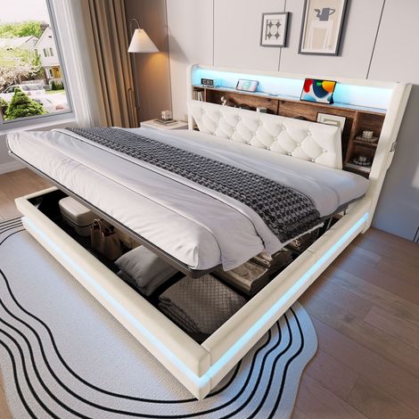 Letto imbottito 180x200x106.5 cm, con contenitore, testiera multifunzione, LED, USB e Type-C, velluto beige (1/5)