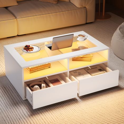 Table basse 100x50x35 cm blanche avec LED et 2 tiroirs, plateau en verre trempé, MEUBLIV (1/5)