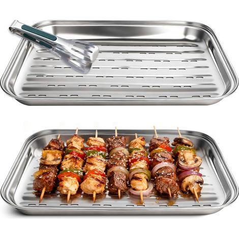 Cooking Plates, Stainless Steel, 34.5x24.5x2.7cm, Perforated Holes, Grill Tongs, Vegetables, Meat, Fish (1/5)