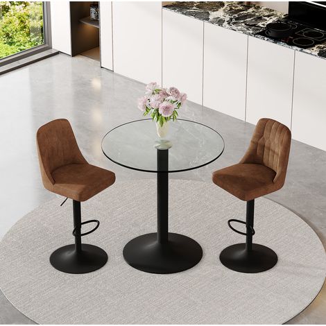 Ensemble table et chaises de bar, table ronde en verre 89 cm, 2 tabourets HAVRYA (1/5)