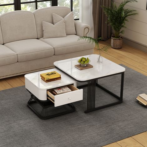 Tavolini da caffè quadrati impilabili, tavolini laterali per divano in marmo impiallacciato, con 1 cassetto, 70×70/50×50cm, MDF + metallo, bianco (1/5)