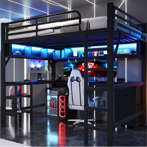 Cama alta gaming (204x145x180 cm), con escritorio, estantería, armario, LED y USB, MDF y metal negro (1/5)
