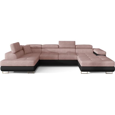 Canapé panoramique convertible ROMANO - Rangement et appuie-têtes réglables à gauche-Noir/Rose clair-Coffre à gauche (1/5)