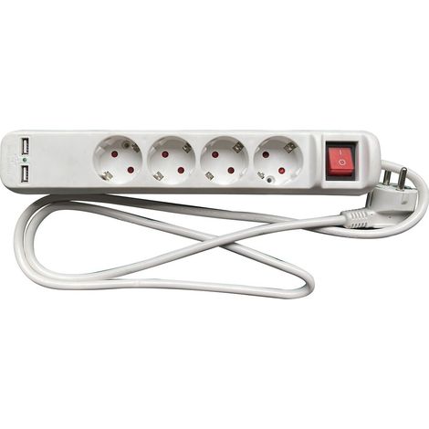 Regleta de 4 tomas con 2 puertos USB (2.1A), interruptor luminoso y cable de 1,5 m