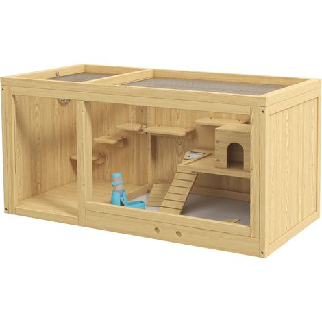 Cage en bois pour hamster, clapier pour petits animaux, maisonnette pour gerbilles, avec balançoires, échelles, toit ouvrant, 100 cm, naturel