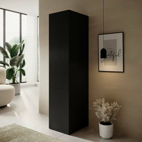 Armario multifunción Treville de 1 puerta, Mueble multifuncional con 4 estantes interiores, Acabado efecto caña, 45,4x54 h200,5 cm, Negro (1/5)