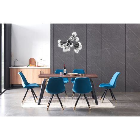 Cosmo LUX Sofia Dining Set - a Walnut Wooden Dining Table and Set of 6 Blue Velvet Dining Chairs - Dining Room Kitchen (1/5)