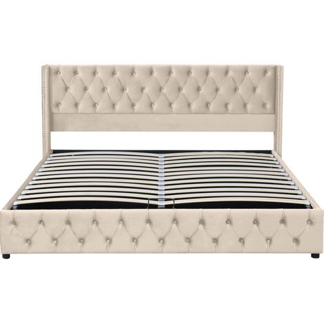 Polsterbett aus Samt 140 x 190 cm mit Bettkasten und Kopfteil, beige MODENUIT (1/5)