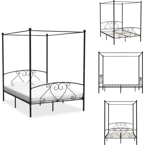Cadre de lit sans matelas avec baldaquin noir 140x200 cm métal - Lit Plateforme - Lit Double - Lit Design - Cadre Lit Metal - Lit Avec Baldaquin (1/5)