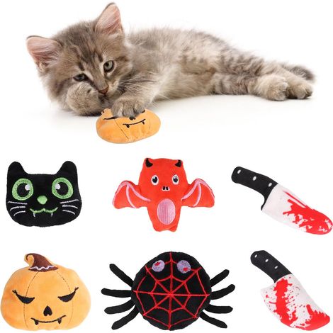 Ensemble de 6 jouets à mâcher et à mordiller pour chat sur le thème d'Halloween, comprenant des motifs en forme de citrouille, d'araignée, de chauve-souris, de couteau et de chat, pour des jeux et des (1/5)