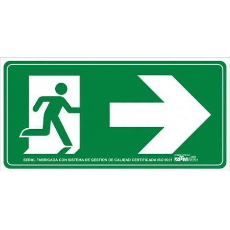 Señal de evacuación ATM PVC flecha derecha clase A 110x300 mm, alta visibilidad.