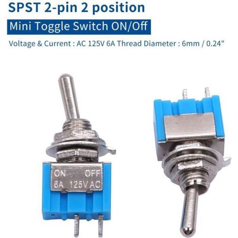 Mini interrupteur à levier - Type SPST ON OFF Corps en métal robuste - Tableaux de bord et électronique - Bleu 125V 6A Lot de 10 (1/5)