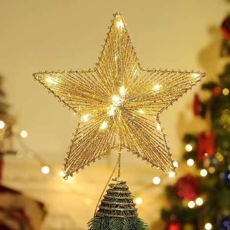 Étoile de sapin de Noël, étoile en métal brillant en forme d'étoile, décoration étoile à cinq branches, avec guirlande lumineuse LED, étoile à cinq branches pour sapin, or brillant (1/5)