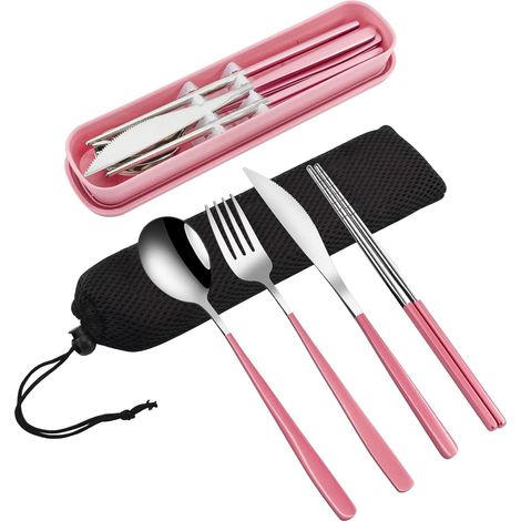 Lot de 4 couverts portables en inox avec mallette, idéal pour voyage, école ou travail. (1/5)