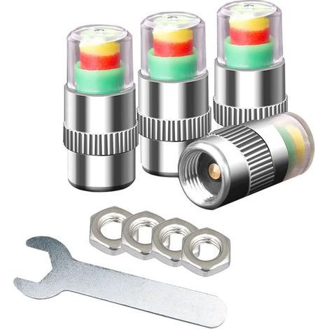 4 Pièces Bouchons Valve Pneu Voiture, Couvercle Poussière Valve Pneu, Moniteur Pression Pneu, Indicateur de Capteur d'Avertissement de Sécurité à 3 Couleurs, avec Écrou et Clé (1/3)