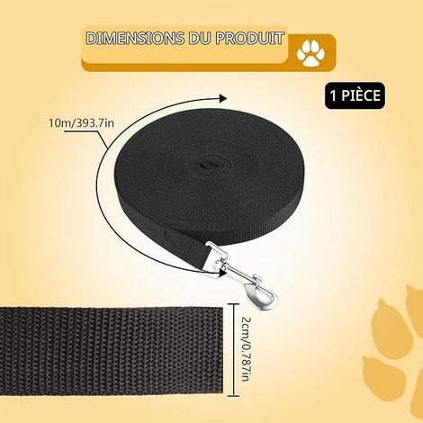 Longe Chien 10m Ajustable Laisse Dressage Mousqueton 360 Noir Poignee sangle nylon traction promenade (1/4)