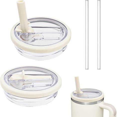 Couvercle Stanley Anti-Fuite avec 2 Pailles, Bouchon de Rechange pour Gobelet Stanley 40 oz, Capuchon Résistant à la Poussière et Imperméable, Lot de 2 Accessoires pour Tasse Stanley - Blanc (1/5)