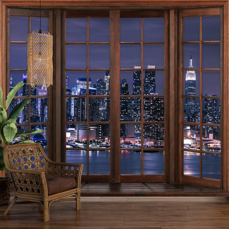 Papier peint panoramique Trompe l'oeil Fenêtre en bois - New York - 195 cm x 156 cm (1/5)
