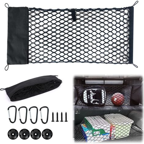 Kofferraumnetz, Aufbewahrungsnetz fürs Auto, Doppellagiges Aufbewahrungsnetz für Wohnmobile, Elastische Organizer-Tasche 90×40cm mit 4 Haken für Transporter, LKWs, SUVs, PKWs (1/5)